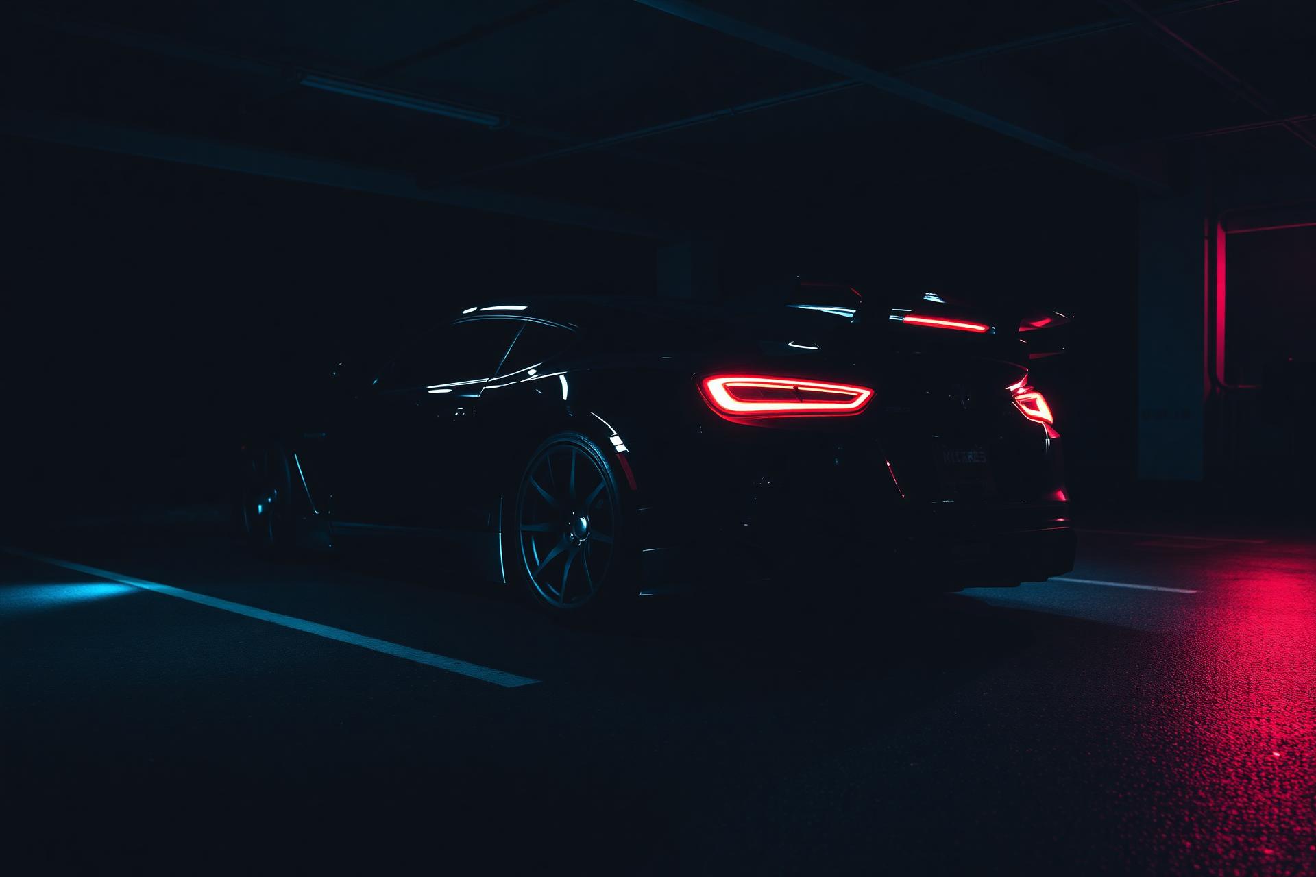 A sports car lit by cyan neon reflections in a garage at night